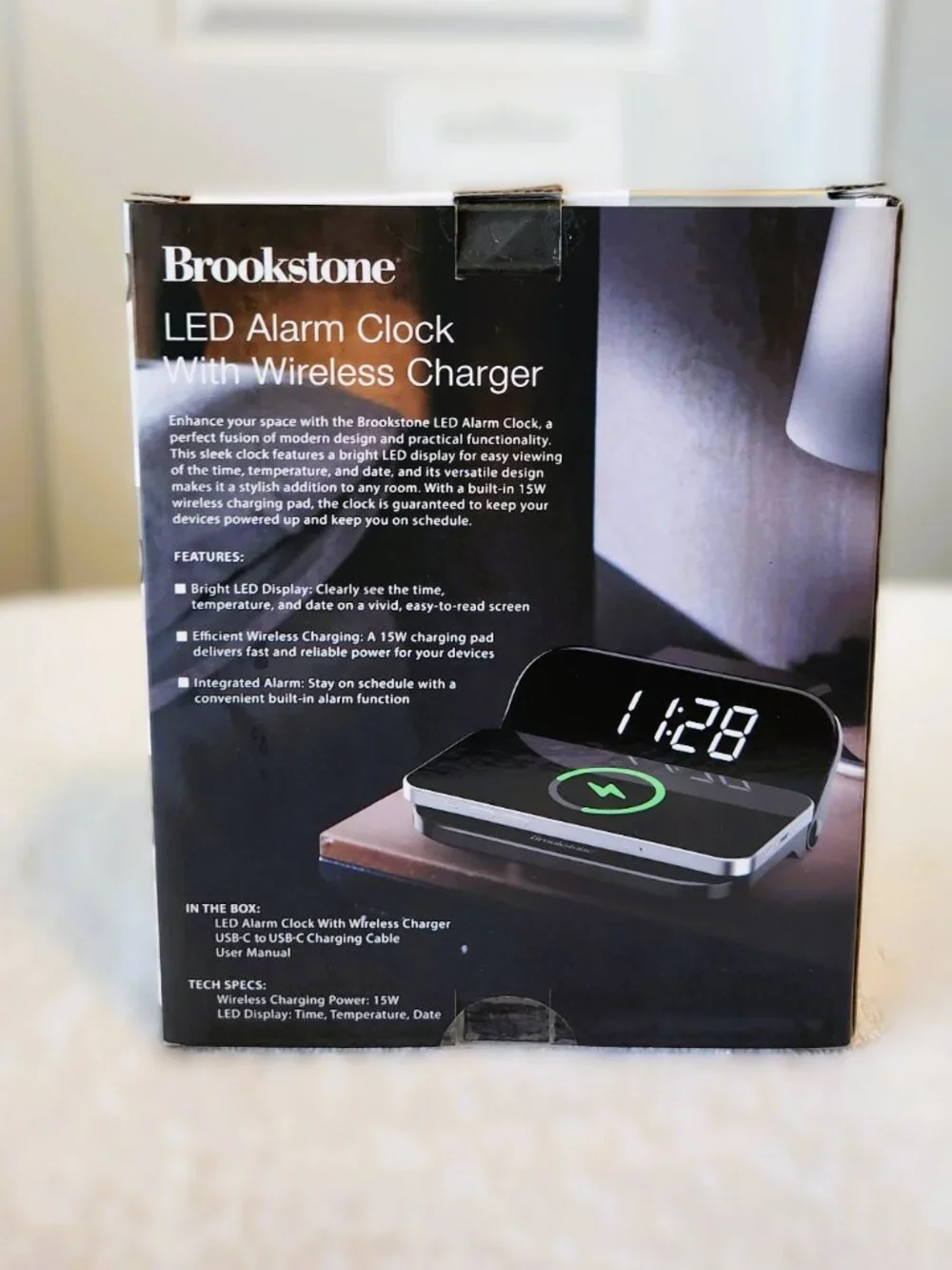 Brookstone LED Alarm Clock w/ 15W Wireless Charger NEW Sealed Clock Date Temp
